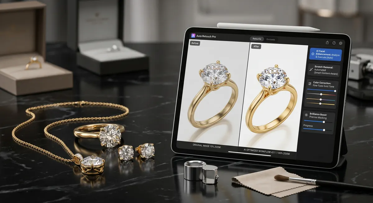 Before and after of an AI-retouched ring on a clean background
