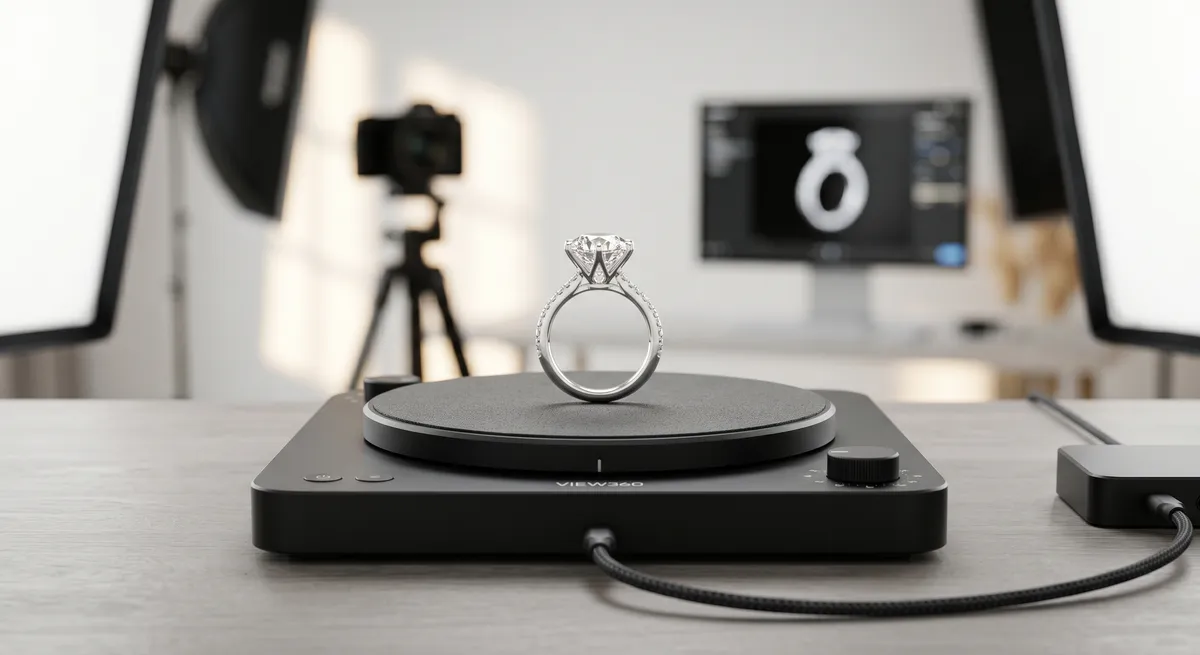 A ring on a motorized turntable being photographed for a 360 spin
