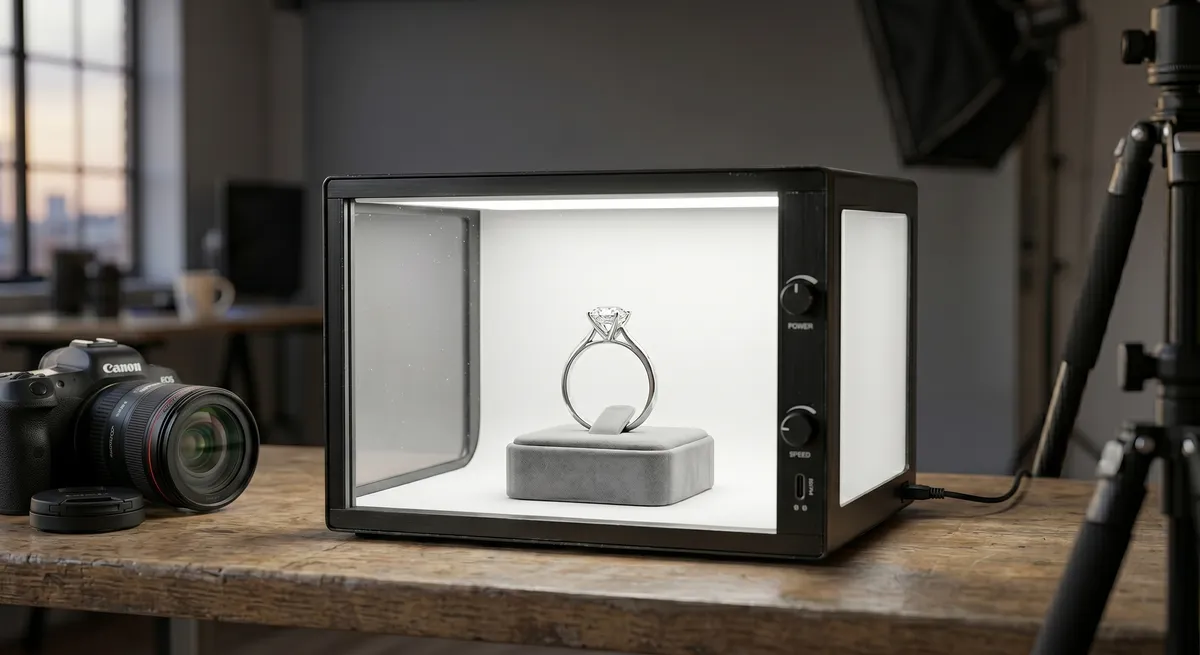 A ring photographed inside a lit photo light box on a white background