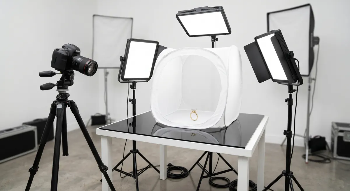 Continuous LED lighting kit set up around a jewelry shooting table