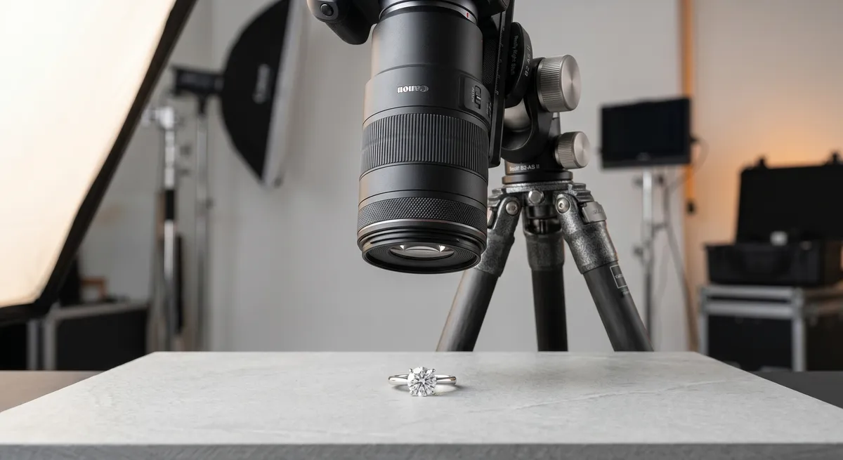 A camera on a tripod with a horizontal arm shooting jewelry from overhead