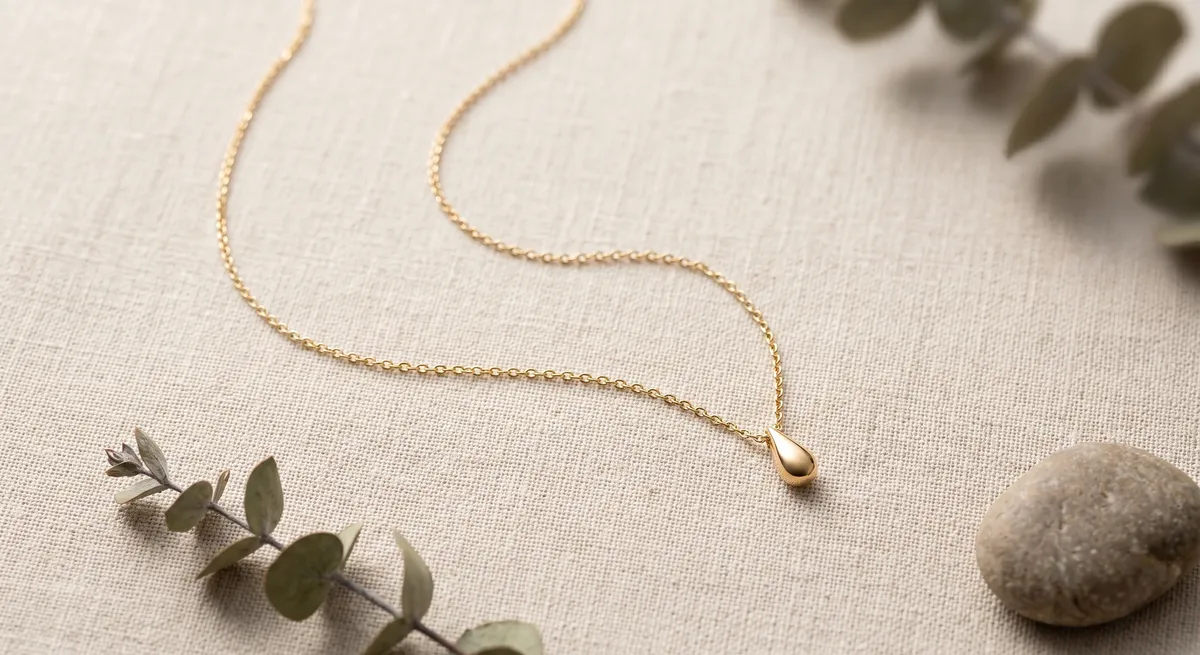Overhead flat lay of jewelry arranged on a neutral surface