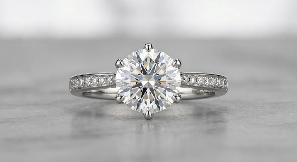 Diamond ring standing upright on white acrylic under diffused studio light