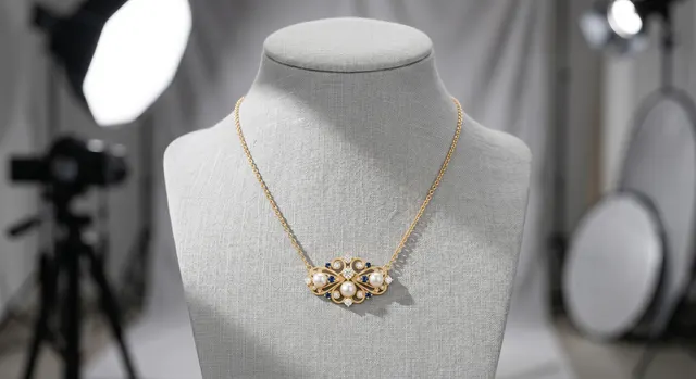 Necklace arranged in a natural curve on a neutral background