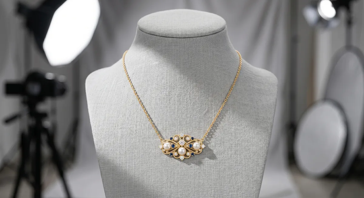 Necklace arranged in a natural curve on a neutral background