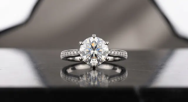Ring standing upright on white acrylic at a slight angle under soft light