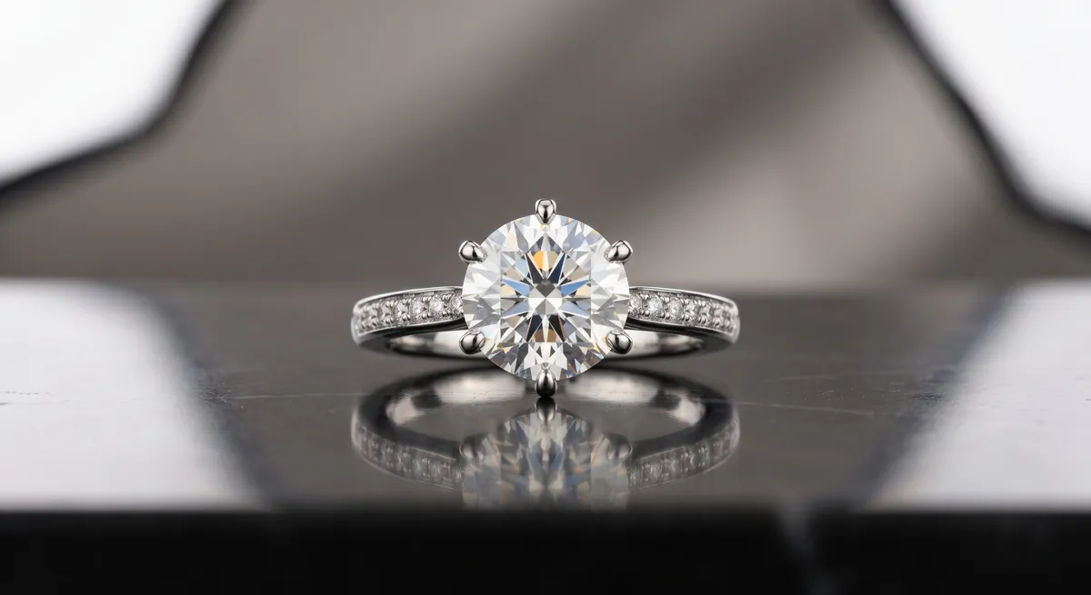 Ring standing upright on white acrylic at a slight angle under soft light