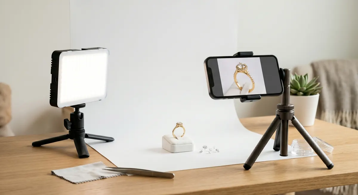 DIY home jewelry photo setup with a window light and white foam board