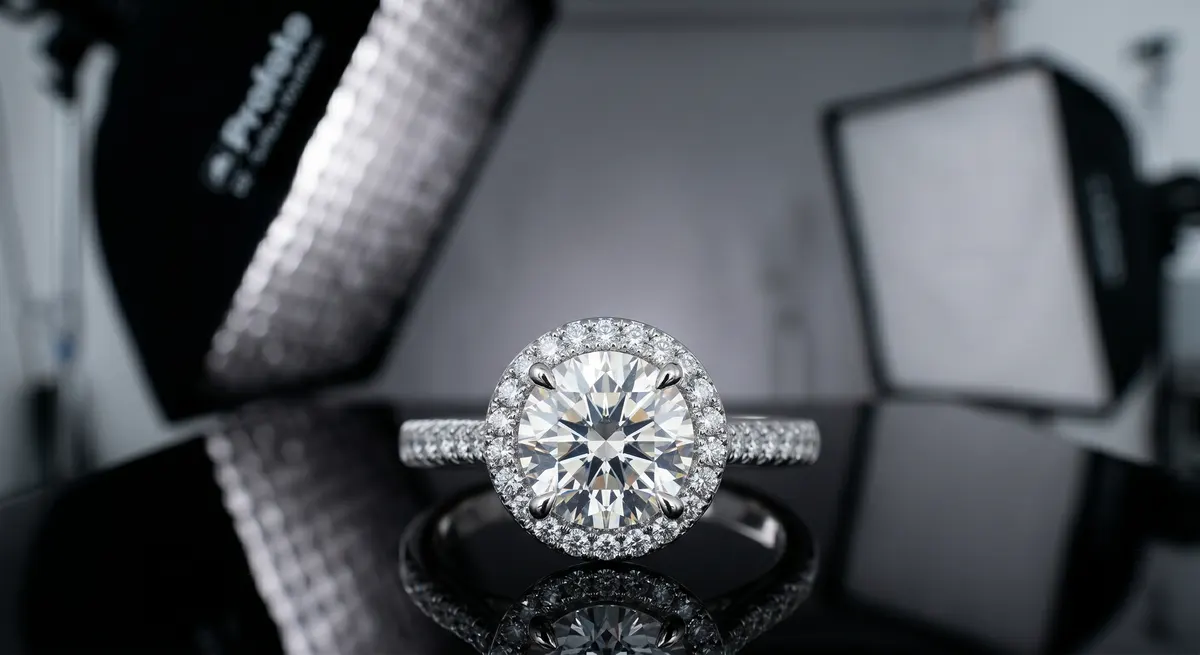 Two softboxes positioned at 45 degrees over a jewelry copy stand
