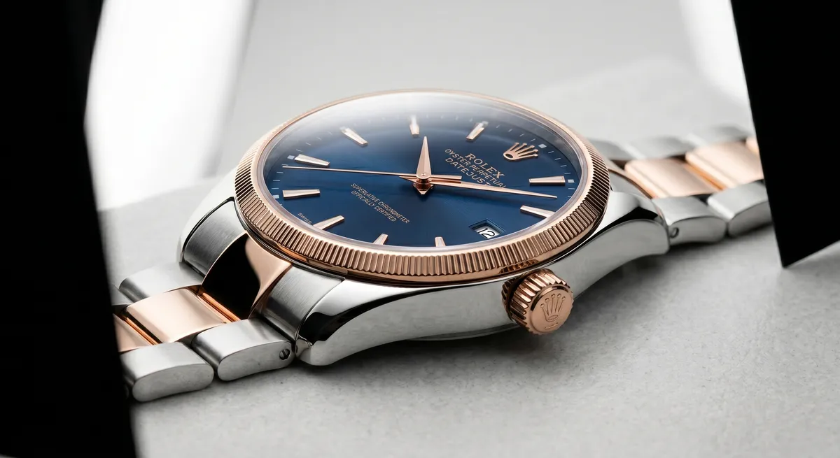 Wristwatch photographed with a clean dial and controlled crystal reflections